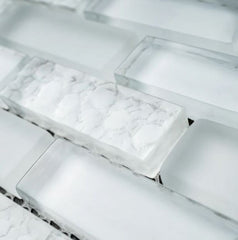 1/2x2 Brick Pattern Glass Wall Tile; Color: White Glass Tile & White Marble Wall Tile