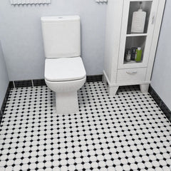 Tenedos SomerTile Retro Octagon Porcelain Floor and Wall Tile, 11.5x11.5, Matte White with Glossy Black Dot