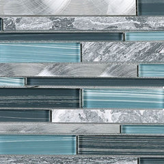 Glossy Blue Glass and Blue Stone Random Brick Straight Pattern Glass Mosaic Tiles
