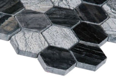 2 in. Hexagon Black Blend with Multi Greyish Textured Marble Mosaic Floor and Wall Tile for Kitchen Backsplash, Shower, Bathroom, Accent Wall, Fireplace Surround