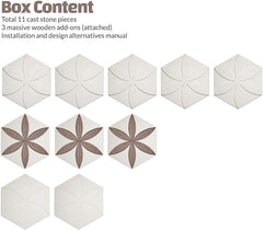 Peel and Stick Decorative Hexagonal 9x7.8 inch Wall Sculpture Panel Derin Series, Cast Stone, DIY Easy to Install, Wooden Add-ons (Box of 11 Pieces)
