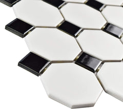Tenedos SomerTile Retro Octagon Porcelain Floor and Wall Tile, 11.5x11.5, Matte White with Glossy Black Dot