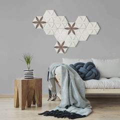 Peel and Stick Decorative Hexagonal 9x7.8 inch Wall Sculpture Panel Derin Series, Cast Stone, DIY Easy to Install, Wooden Add-ons (Box of 11 Pieces)