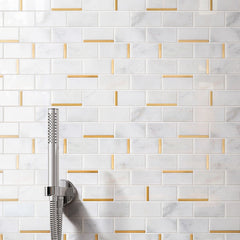 Tenedos Carrara White Marble 2x4 Grand Brick Subway Mosaic Tile with Gold Metal Stainless Steel Polished for Kitchen Backsplash Bathroom Flooring Shower Entryway Corrido Spa (Box of 10 Sheets)