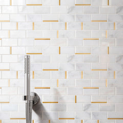 Tenedos Carrara White Marble 2x4 Grand Brick Subway Mosaic Tile with Gold Metal Stainless Steel Polished for Kitchen Backsplash Bathroom Flooring Shower Entryway Corrido Spa (Box of 10 Sheets)