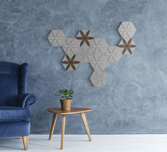 Peel and Stick Decorative Hexagonal 9x7.8 inch Wall Sculpture Panel Derin Series, Cast Stone, DIY Easy to Install, Wooden Add-ons (Box of 11 Pieces)