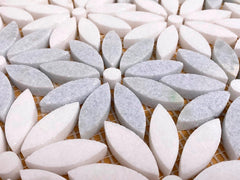 Daisy Flower Pattern Light Celeste Blue Greyish with White Thassos Marble Waterjet Cut Mosaic Floor Wall Tile for Kitchen Backsplash, Bathroom Shower Accent decor