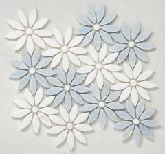 Daisy Flower Pattern Light Celeste Blue Greyish with White Thassos Marble Waterjet Cut Mosaic Floor Wall Tile for Kitchen Backsplash, Bathroom Shower Accent decor