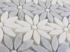 Daisy Flower Pattern Light Celeste Blue Greyish with White Thassos Marble Waterjet Cut Mosaic Floor Wall Tile for Kitchen Backsplash, Bathroom Shower Accent decor