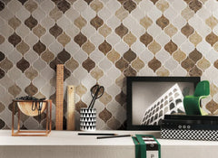 Tenedos Mix Light and Dark Emperador and Crema Marfil 3 in. Arabesque Lantern Polished Marble Mosaic Floor and Wall Tile