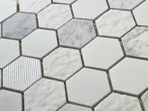 Wimbledon Multi Surface 2 in. Hexagon White and Carrara Marble with Recycled Glass Mosaic Floor and Wall Tile for Backsplash Kitchen, Bathroom, Accent Wall
