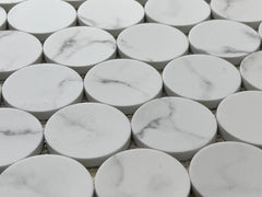 White Carrara Look Bubble Circle Recycled Glass Matte Floor and Wall Mosaic Tile for Backsplash Kitchen, Bathroom Shower, Accent Decor
