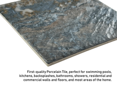 Tenedos Wavy Surface in Bluish, Gold and Grey Moon Square 6x6 Porcelain Floor and Wall Tile for Swimming, Bakcsplash, decor