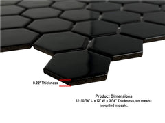 Tenedos Hexagon 2 in. Black Glossy Porcelain Mosaic Floor Wall Tile, décor
