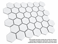 Tenedos Hexagon 2 Inch White Glossy Porcelain Mosaic for Floor and Wall, Tile