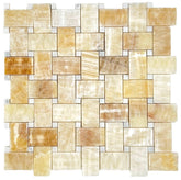 Honey Onyx with Thassos White Dots Marble Polished Premium Basketweave Mosaic Floor Wall ile