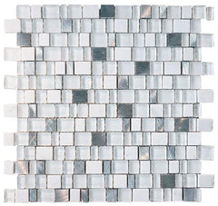 Glossy and Matte White With Aluminum Random Brick Cubes Pattern Glass Mosaic Tiles