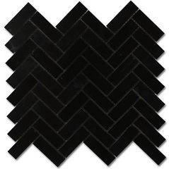 Nero Marquina Black Marble Herringbone Mosaic Tile 1'' x 2'' Polished