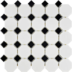 Tenedos SomerTile Retro Octagon Porcelain Floor and Wall Tile, 11.5x11.5, Matte White with Glossy Black Dot