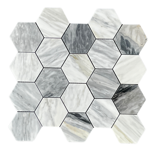 Tenedos Hematite Calacatta Hexagon Polished Marble Mosaic Tile-1 piece