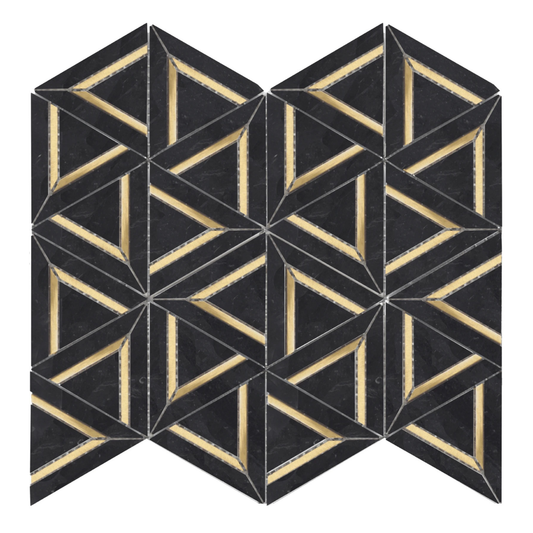 Nero Marquina Metal 12x14 Mosaic Tile – Black Marble Look Triangle Geometric 3D Hexagon Pattern with Gold Inlay for Kitchen Backsplash & Bathroom Wall