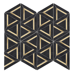Nero Marquina Metal 12x14 Mosaic Tile – Black Marble Look Triangle Geometric 3D Hexagon Pattern with Gold Inlay for Kitchen Backsplash & Bathroom Wall