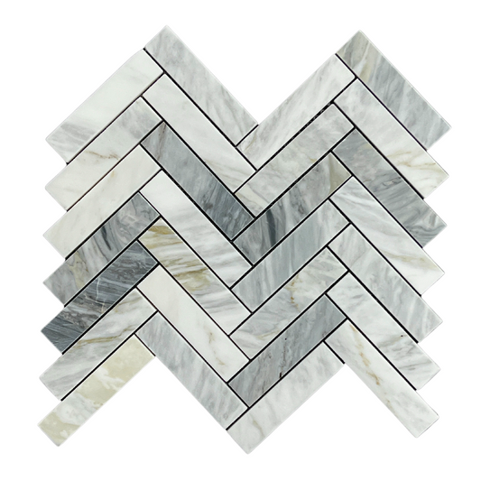 Tenedos Pyrite Calacatta Honed Marble Herringbone Mosaic Tile- 1 piece