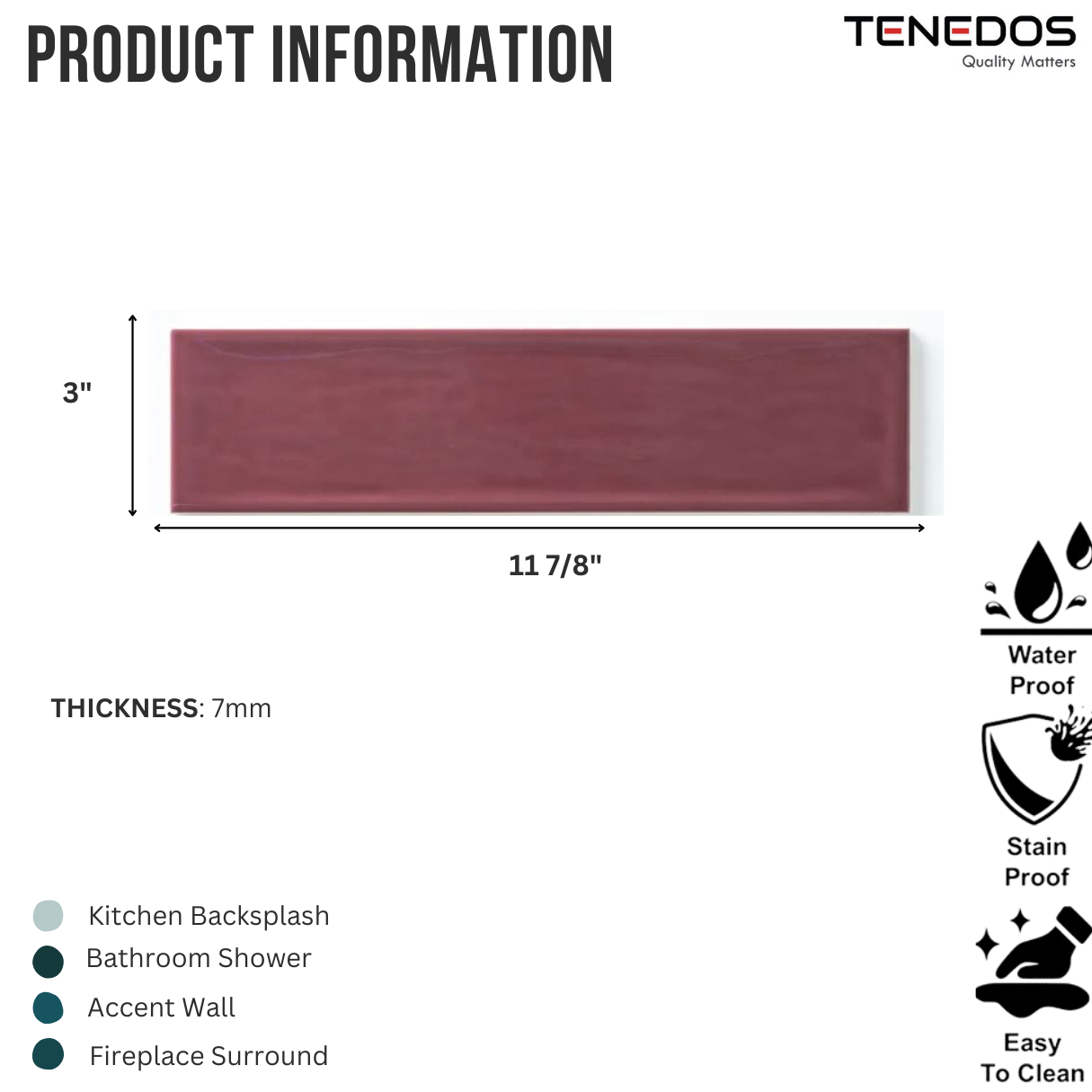 Tenedos Burgundy Purple Handmade Ceramic Subway 3x12 Wall Tile Backsplash Gloss Finish 3 Inch X 12 Inch for Kitchen, Bathroom Shower, Accent Decor, Fireplace