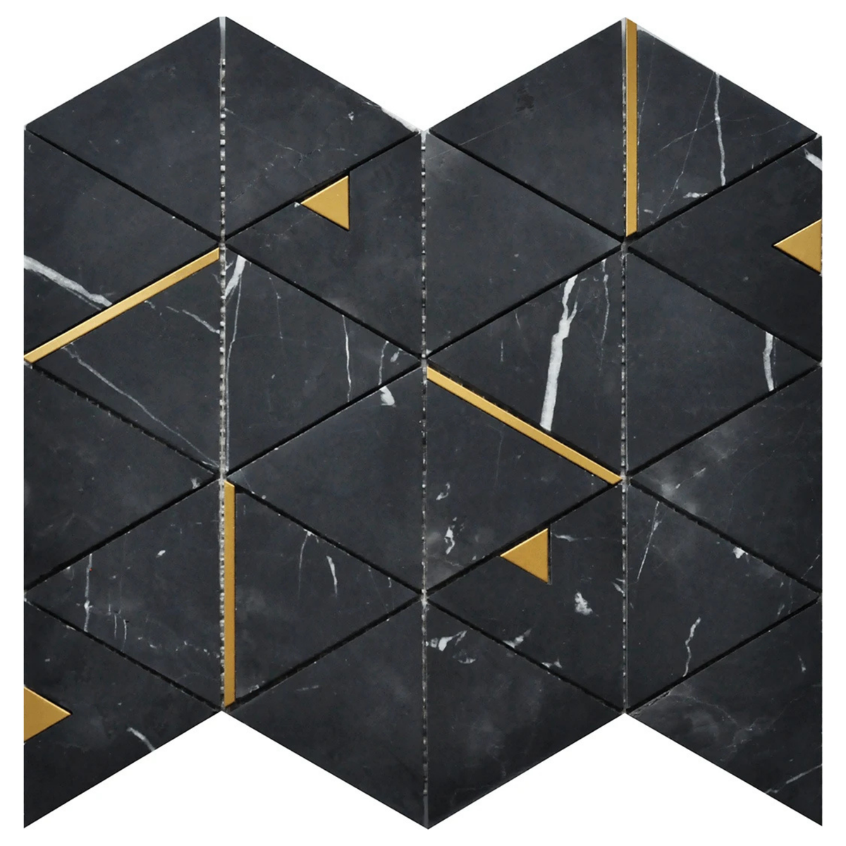 Tenedos HTCRC 12x14 Nero Marquina Triangle Mosaic Tile – Black Marble Look with Gold Metal Inlay, Floor & Wall