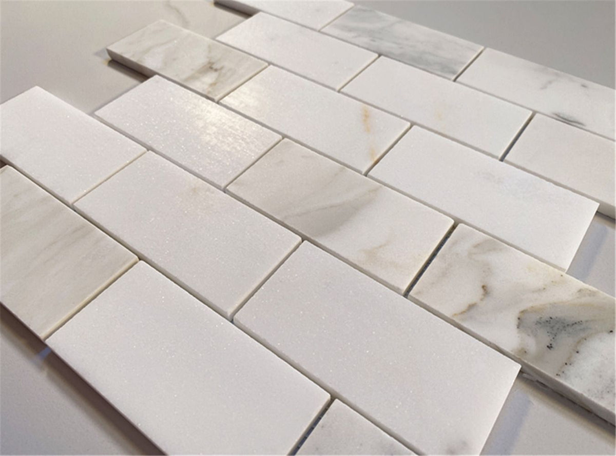 Tenedos Calacatta Gold Italian 2x4 Subway Brick Marble Mosaic Floor Wall Tile Honed