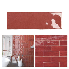 Tenedos HTC184 Ceramic Subway Wall Tile Handmade Look Glossy Glaze for Backsplash Kitchen, Bathroom Shower, Accent Wall (1, Rich Rouge)