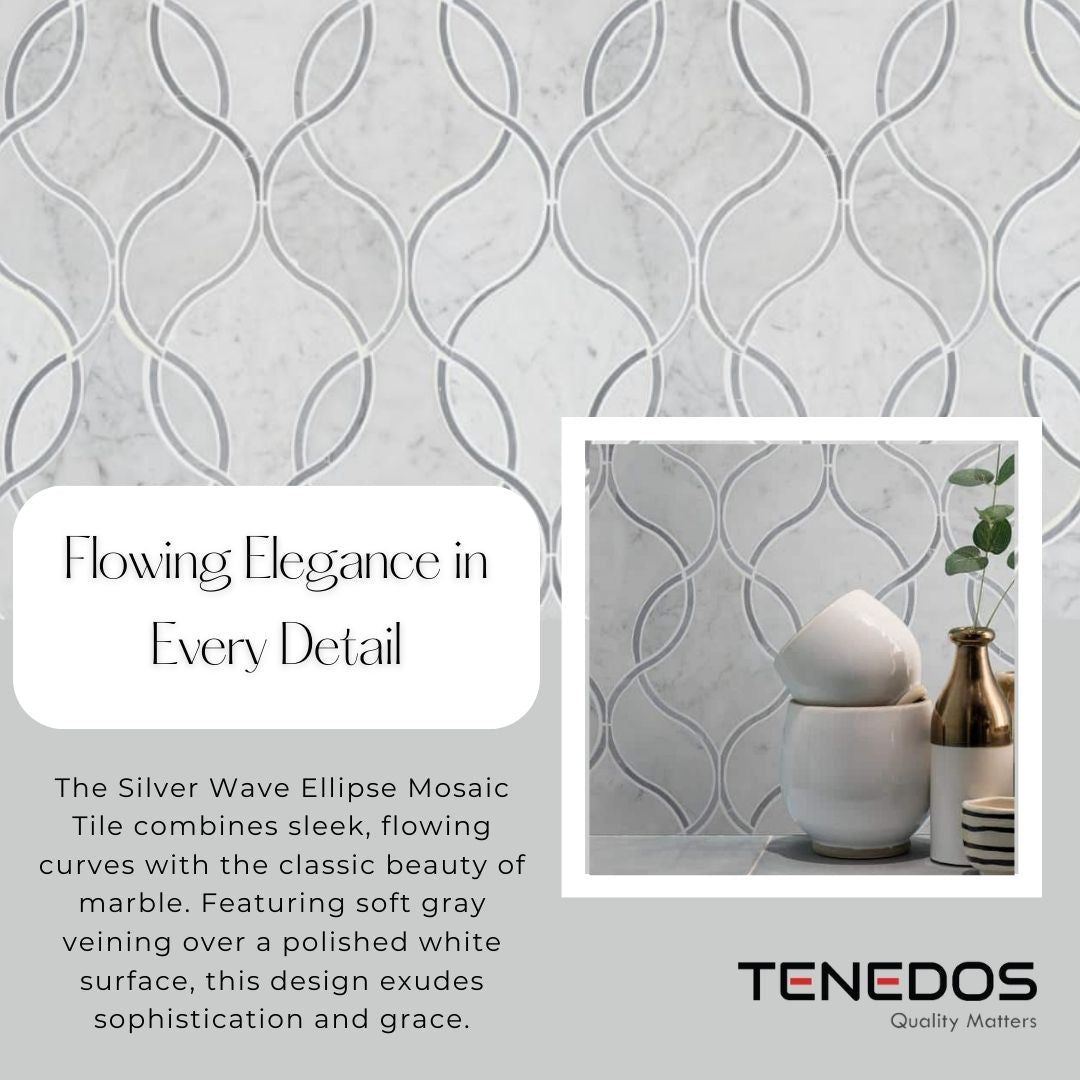 Tenedos HTC189 Silver Wave Ellipse Polished Marble Mesh-Mounted Mosaic Tile