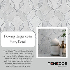 Tenedos HTC189 Silver Wave Ellipse Polished Marble Mesh-Mounted Mosaic Tile