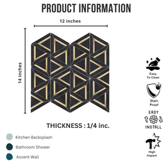 Nero Marquina Metal 12x14 Mosaic Tile – Black Marble Look Triangle Geometric 3D Hexagon Pattern with Gold Inlay for Kitchen Backsplash & Bathroom Wall