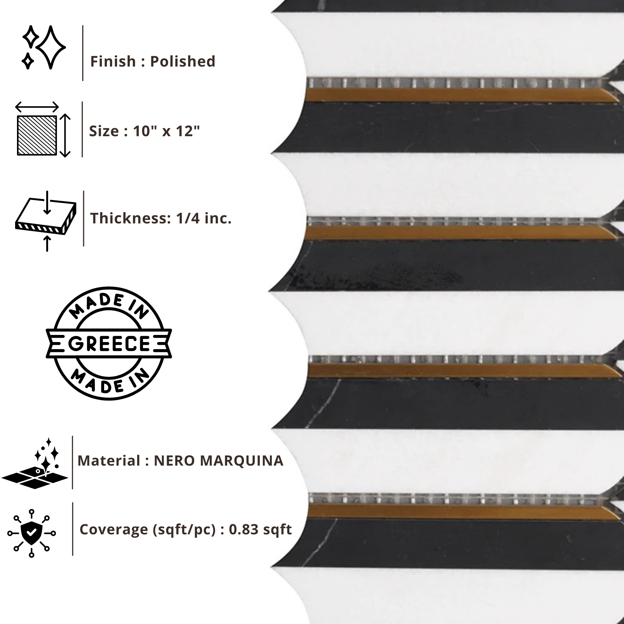 Tenedos HTCRC 10x11 Oval Nero Marquina & Thassos Mosaic Tile – Black & White Marble with Gold Inlay, Floor & Wall