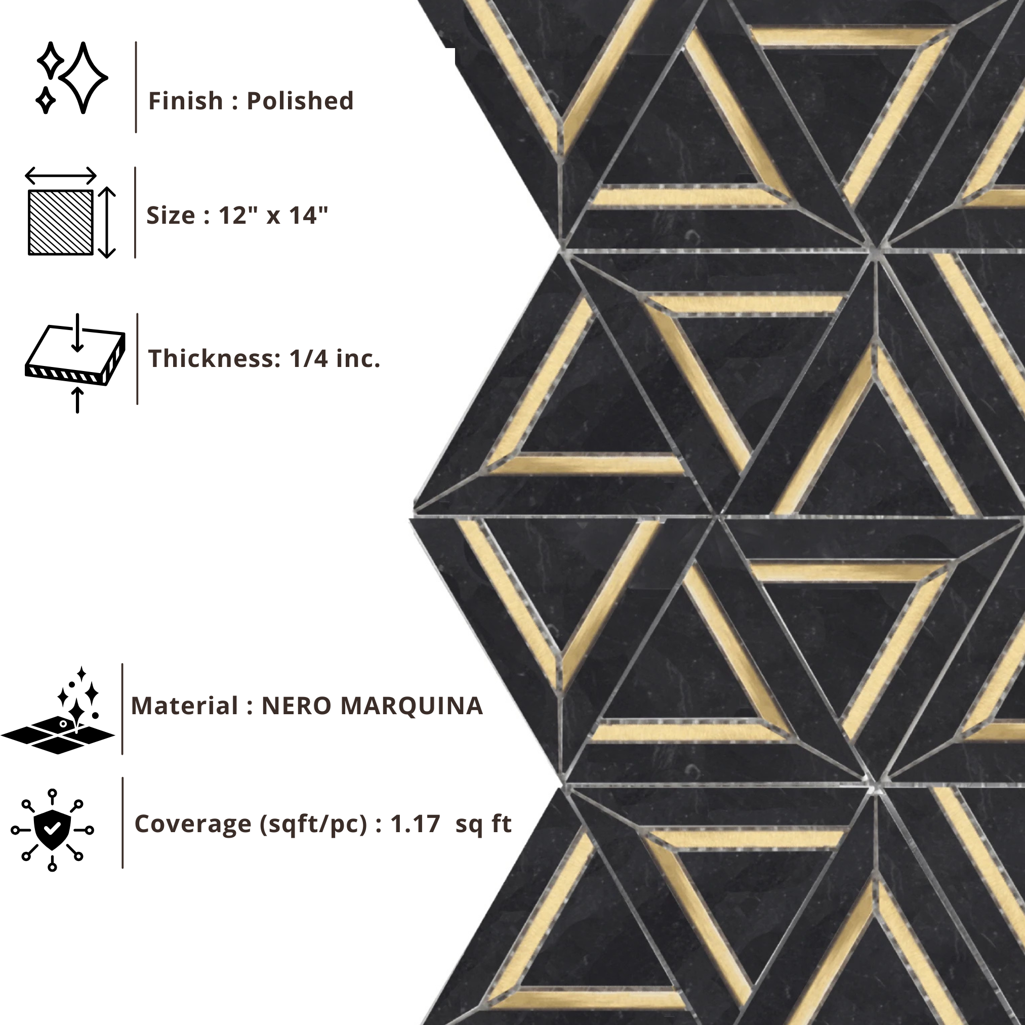 Nero Marquina Metal 12x14 Mosaic Tile – Black Marble Look Triangle Geometric 3D Hexagon Pattern with Gold Inlay for Kitchen Backsplash & Bathroom Wall
