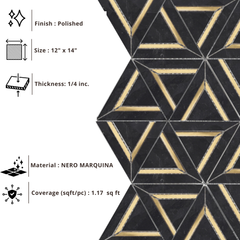 Nero Marquina Metal 12x14 Mosaic Tile – Black Marble Look Triangle Geometric 3D Hexagon Pattern with Gold Inlay for Kitchen Backsplash & Bathroom Wall