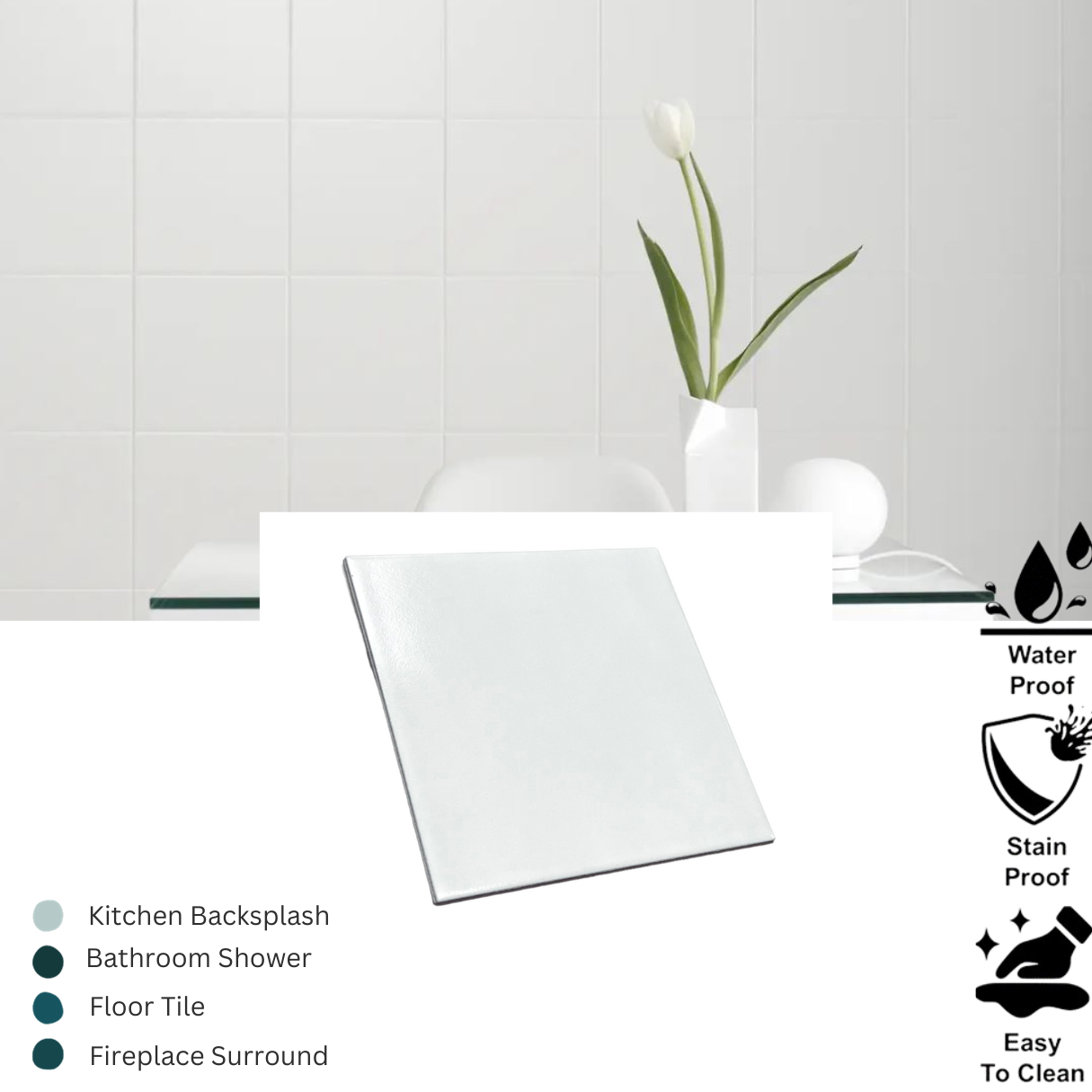 White 8x8 Subway Square Porcelain Floor Wall Tile Backsplash Matte Finish (Box of 12.7 Sqft - 30 Pieces) for Kitchen, Bathroom Shower, Accent Decor, Fireplace