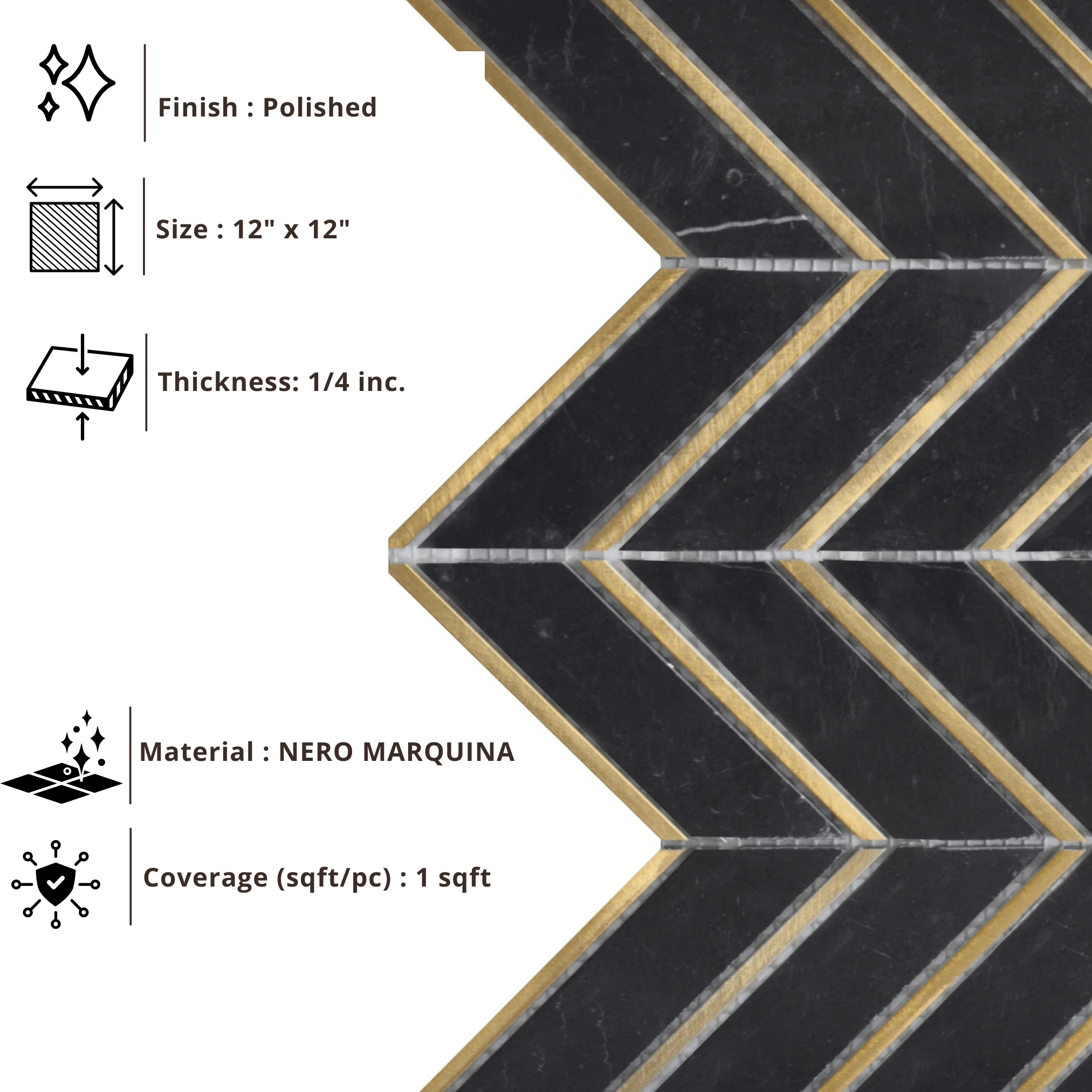 Tenedos HTCRC 12 x 12 Inch Nero Arrow Metal Mosaic Tile – Black Marble Look Chevron Pattern with Gold Metal Inlay, Luxury Wall Backsplash Bathroom Shower Accent Tile