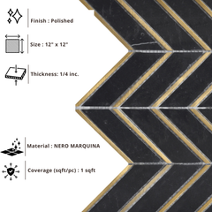 Tenedos HTCRC 12 x 12 Inch Nero Arrow Metal Mosaic Tile – Black Marble Look Chevron Pattern with Gold Metal Inlay, Luxury Wall Backsplash Bathroom Shower Accent Tile