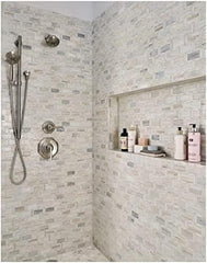 Beige Grey Marble Look Decorative Glass Accent Panel – 2x4 Geometric Brick Pattern – Polished Finish – 1 Sheet