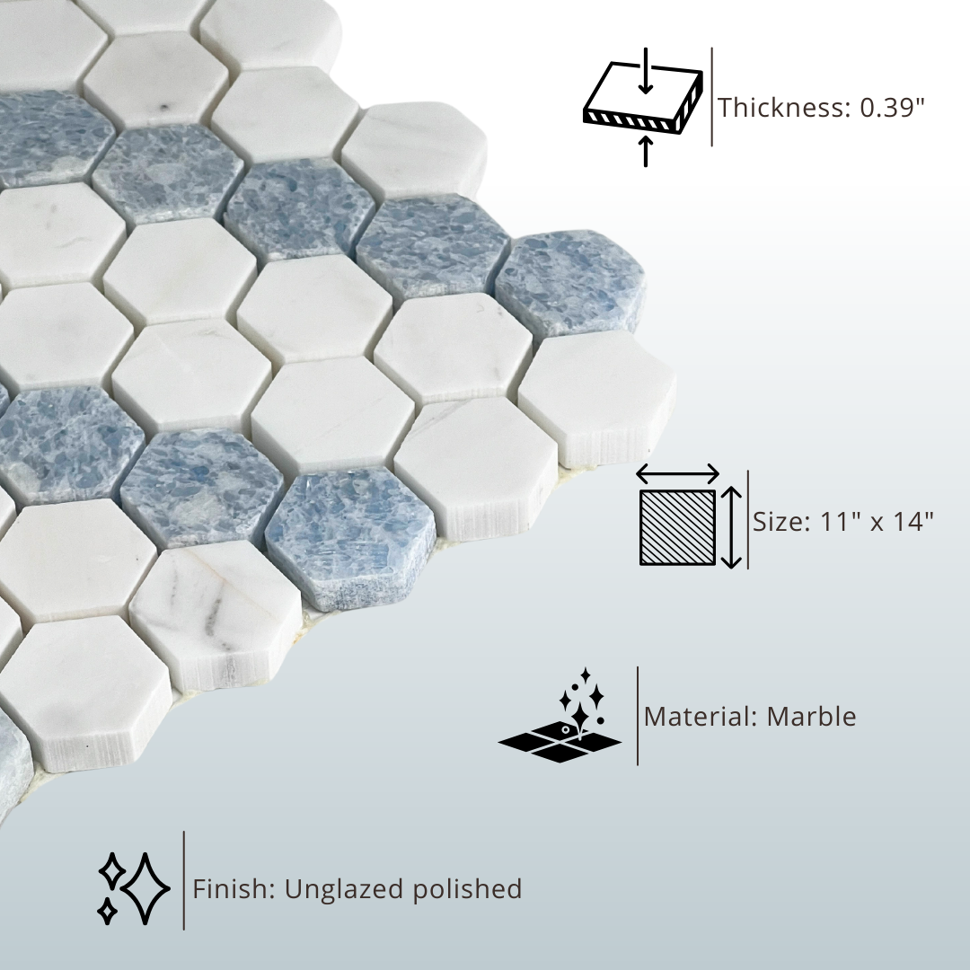 Tenedos Suzi Marble Hexagon Polished Marble Mesh-Mounted Mosaic Tile