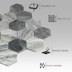 Tenedos Hematite Calacatta Hexagon Polished Marble Mosaic Tile