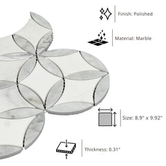 Tenedos HTC191 Snow Petal Polished Marble Mesh-Mounted Mosaic Tile