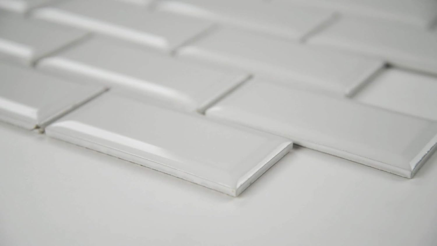 2x4 White High Gloss Porcelain Wall Tile with Beveled Edge – Mesh Mounted 12x12 Sheet