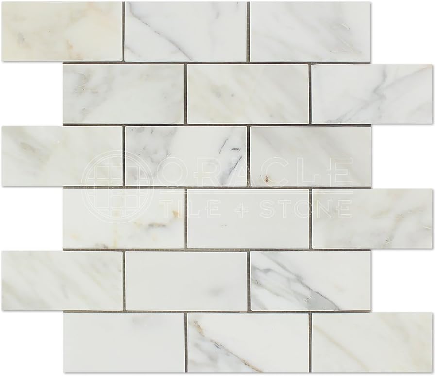Natural Marble 2x4 Honed Brick Pattern Tile – White with Gold Veins (1 sqft)