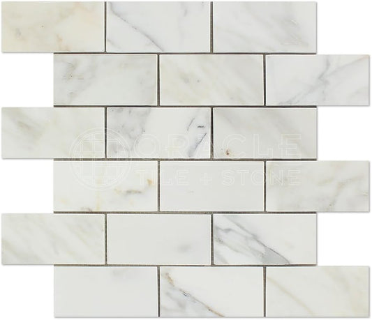 Natural Marble 2x4 Honed Brick Pattern Tile – White with Gold Veins (1 sqft)