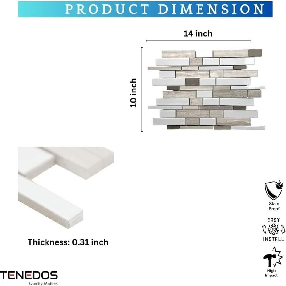 Tenedos Sonoma Ridge Interlocking Glass and Stone Mosaic Tile 4mm for Kitchen Backsplash, Bathroom Walls, Shower Accents and Home Interior Design Decor (10 Sheets)