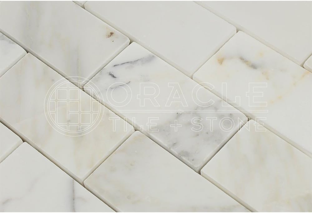 Natural Marble 2x4 Honed Brick Pattern Tile – White with Gold Veins (1 sqft)