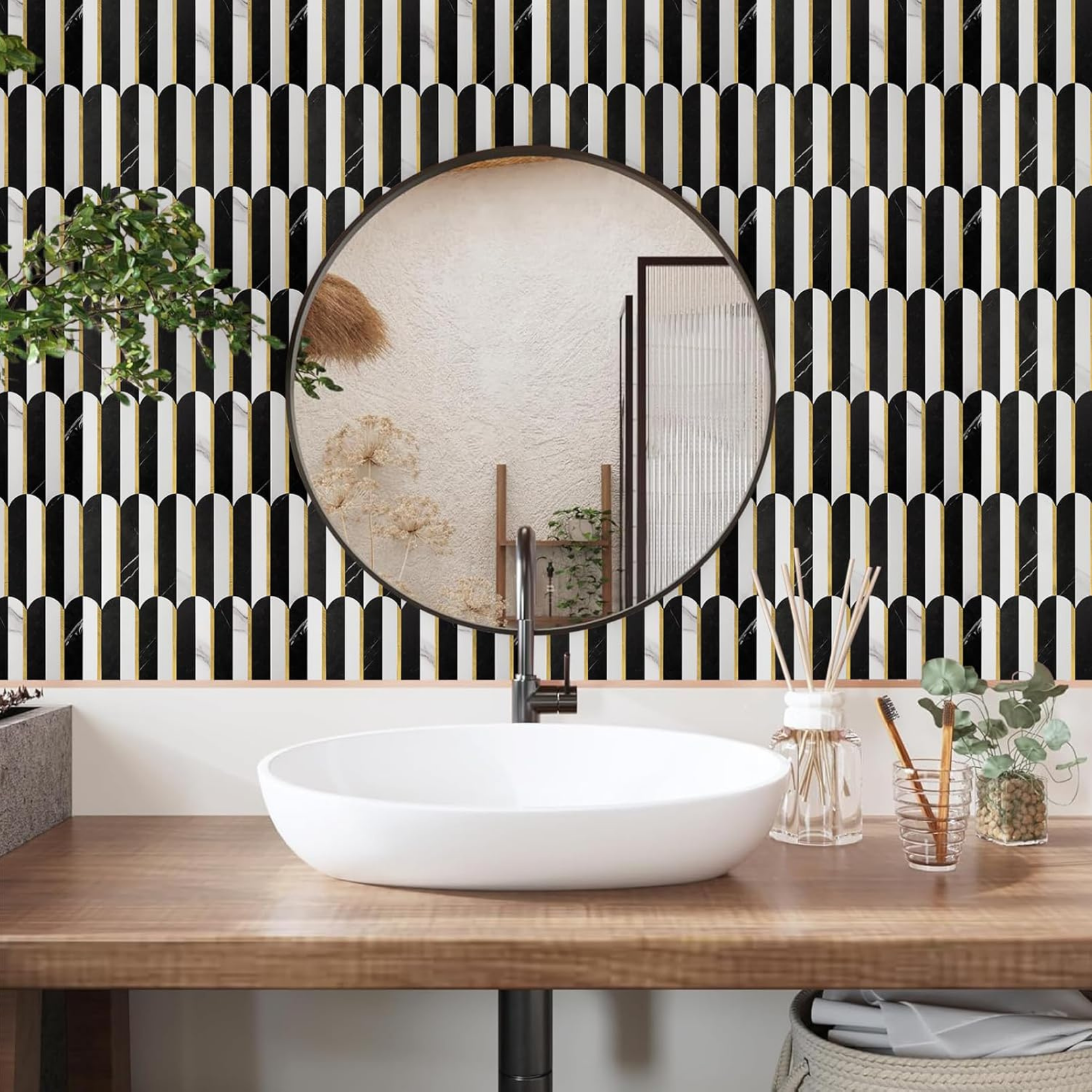 Tenedos HTCRC 10x11 Oval Nero Marquina & Thassos Mosaic Tile – Black & White Marble with Gold Inlay, Floor & Wall